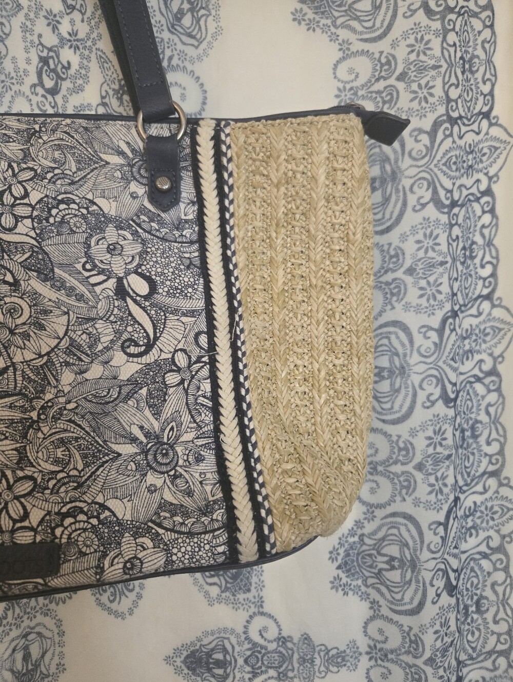Sakroots Navy Floral Woven Straw Raffia Tote Bag w/ Matching Wristlet Boho Purse - Picture 5 of 15